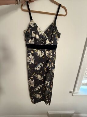 cinq a sept Black Floral Midi Dress with Delicate Straps